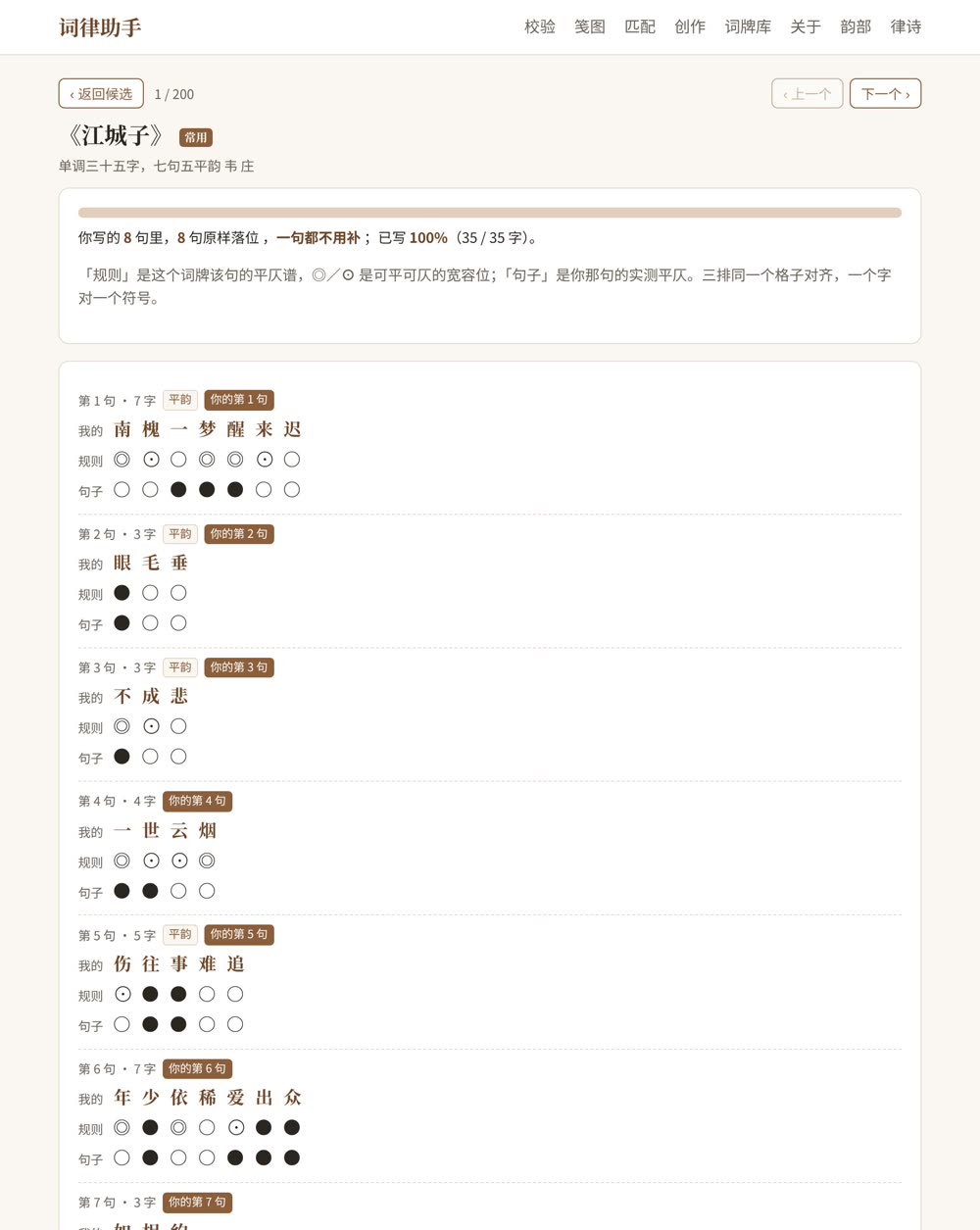 落位页:逐句的「我的 / 规则 / 句子」三行对照
