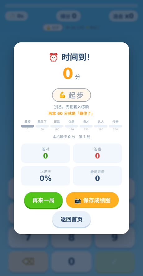 结算页：分数、段位、正确率、最高连击、本机最佳
